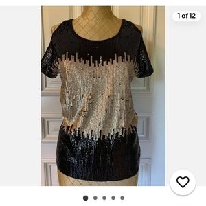 INC International Concepts Black and Gold Sequin Short Sleeve Scoop Neck Top